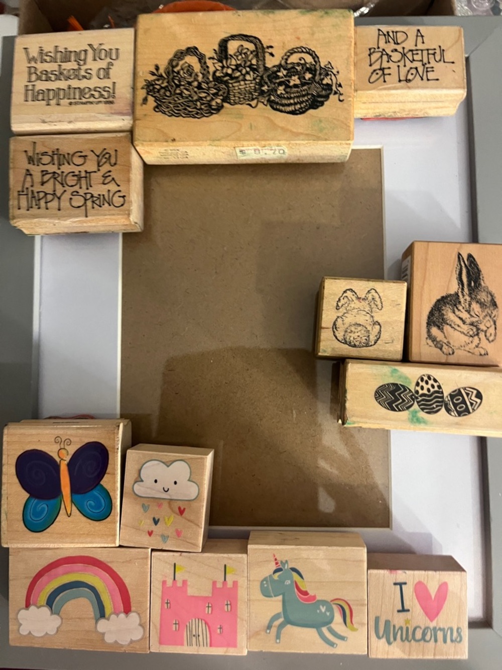 Assorted Wooden Rubber Stamps - Cute Spring & Unicorn Designs 3 sets 13 pieces